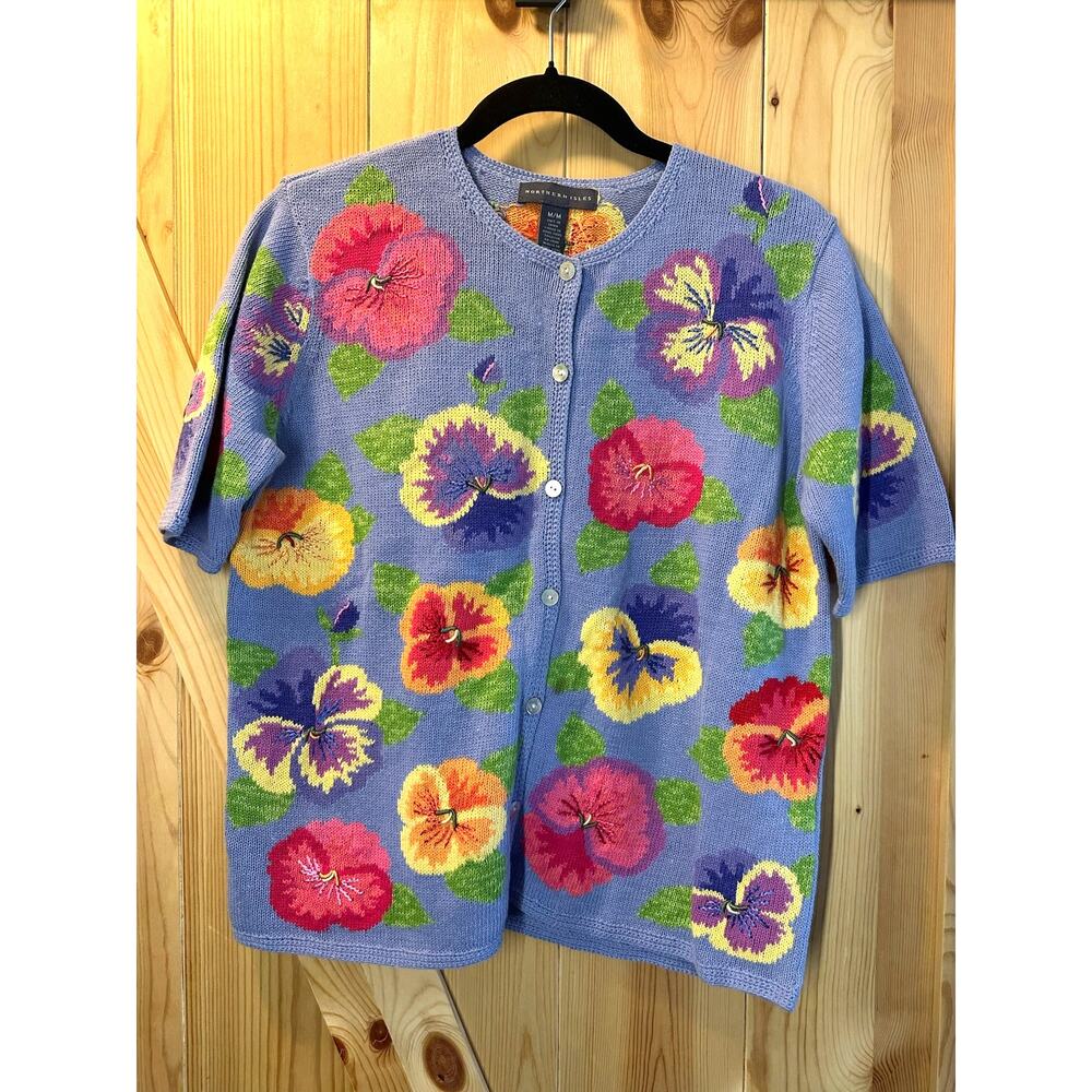 VTG  Northern Isles Hand-Knit pansy fForal Cardigan Sweater- Size M